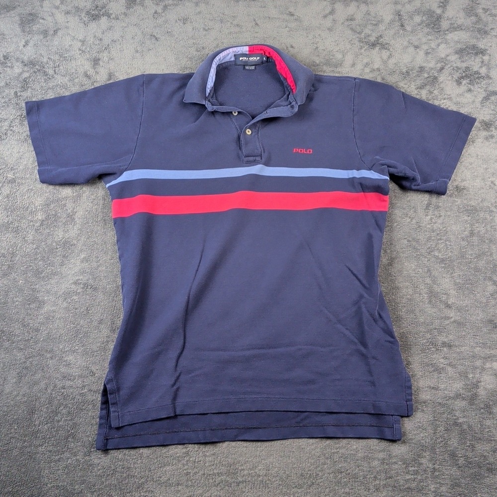 Vintage POLO Golf Ralph Lauren Polo Shirt Mens L Red Blue Stripes